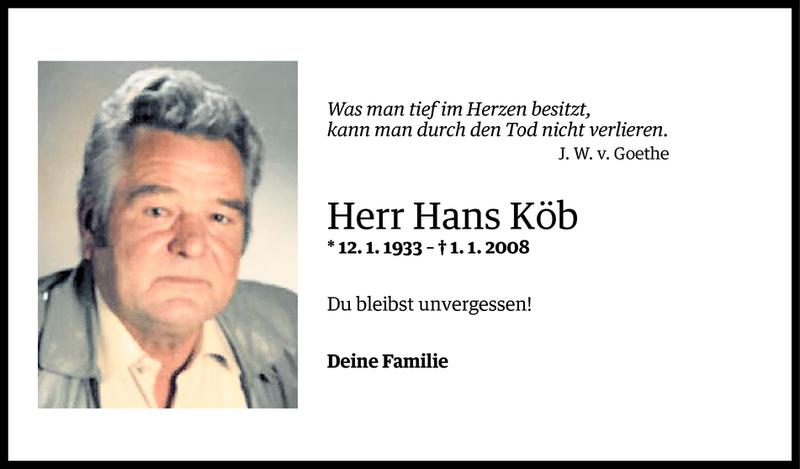  Todesanzeige für Johann (Hans) Köb vom 04.01.2013 aus Vorarlberger Nachrichten