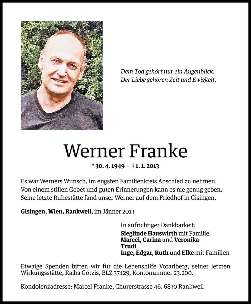  Todesanzeige für Werner Franke vom 07.01.2013 aus Vorarlberger Nachrichten