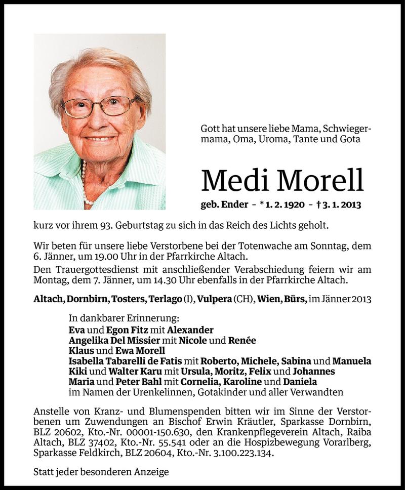  Todesanzeige für Medi Morell vom 04.01.2013 aus Vorarlberger Nachrichten