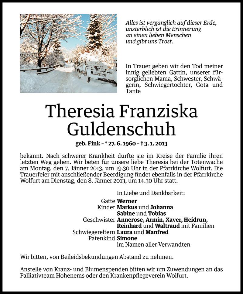  Todesanzeige für Theresia Franziska Guldenschuh vom 04.01.2013 aus Vorarlberger Nachrichten