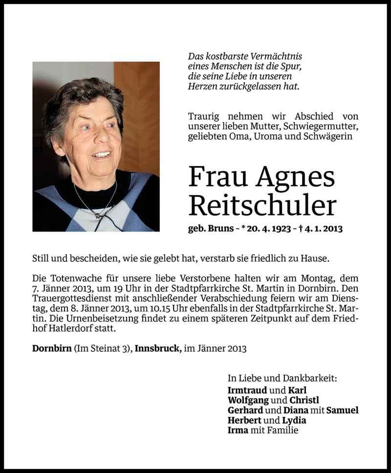  Todesanzeige für Agnes Reitschuler vom 04.01.2013 aus Vorarlberger Nachrichten