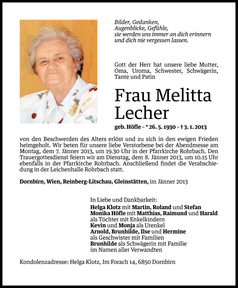  Todesanzeige für Melitta Lecher vom 04.01.2013 aus Vorarlberger Nachrichten