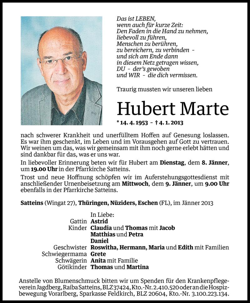  Todesanzeige für Hubert Marte vom 06.01.2013 aus Vorarlberger Nachrichten