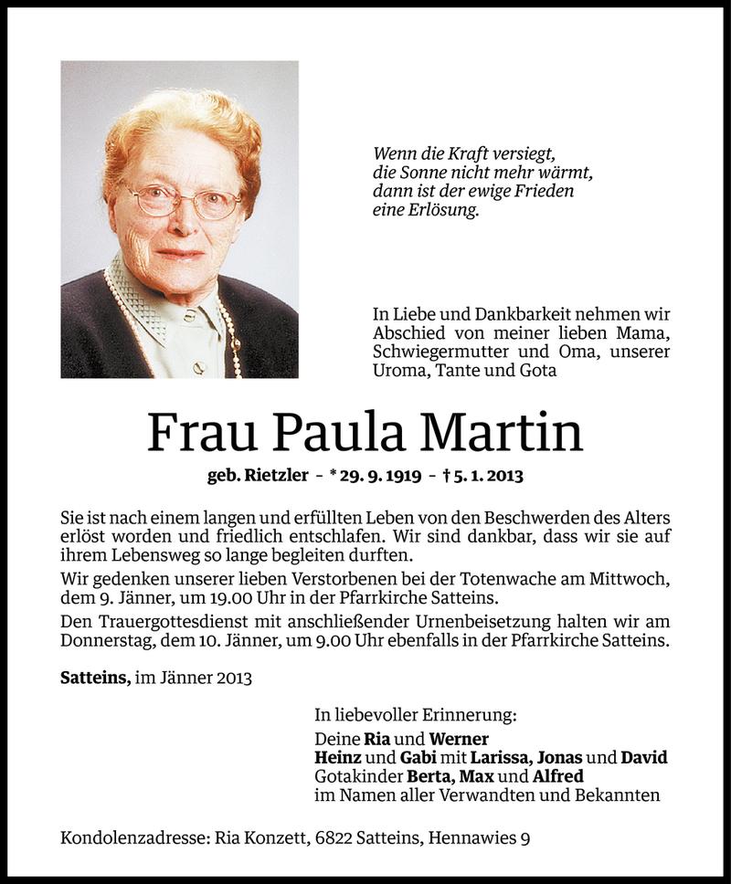  Todesanzeige für Paula Martin vom 06.01.2013 aus Vorarlberger Nachrichten