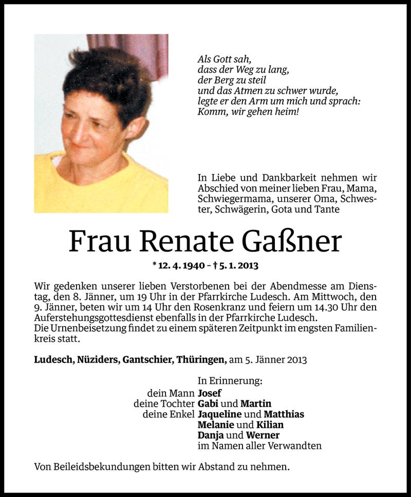  Todesanzeige für Renate  Gaßner vom 06.01.2013 aus Vorarlberger Nachrichten