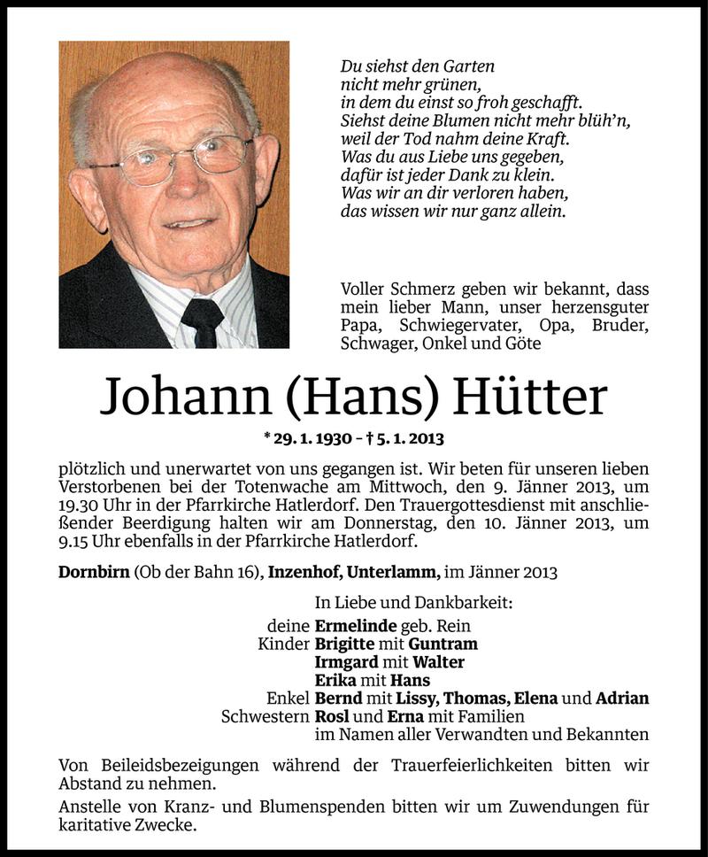  Todesanzeige für Johann (Hans) Hütter vom 07.01.2013 aus Vorarlberger Nachrichten