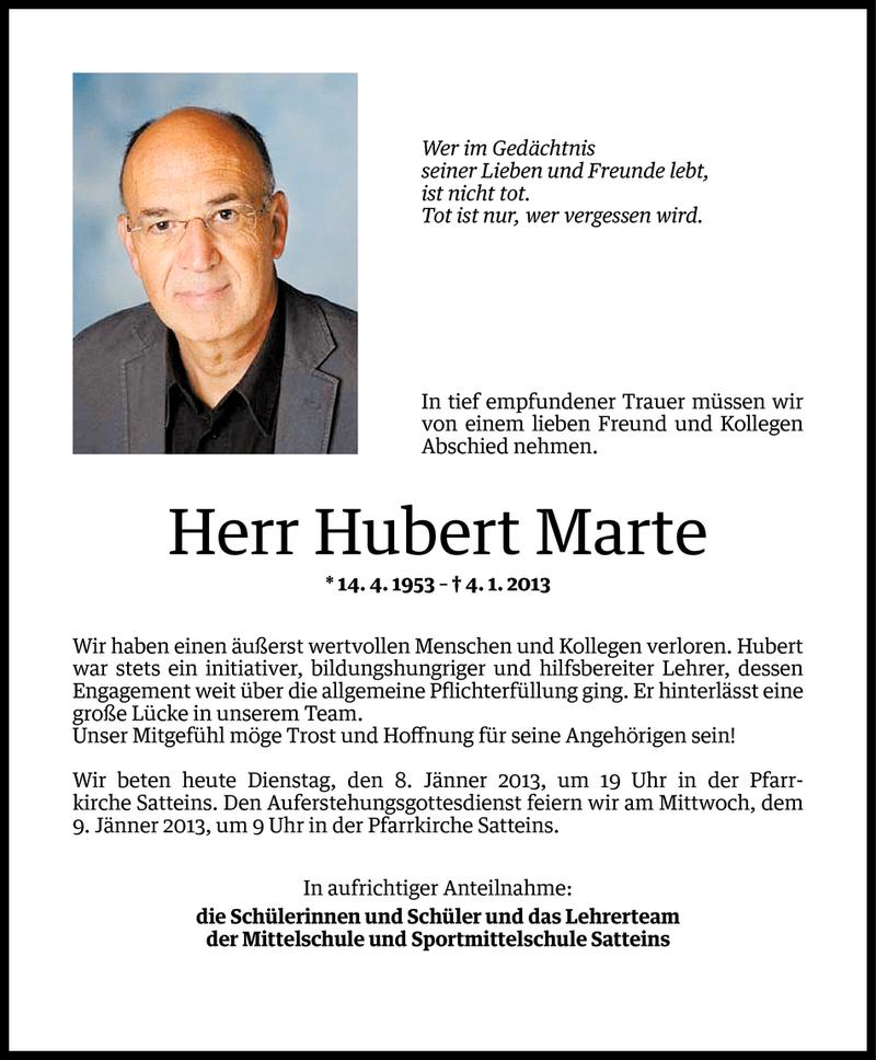  Todesanzeige für Hubert Marte vom 07.01.2013 aus Vorarlberger Nachrichten