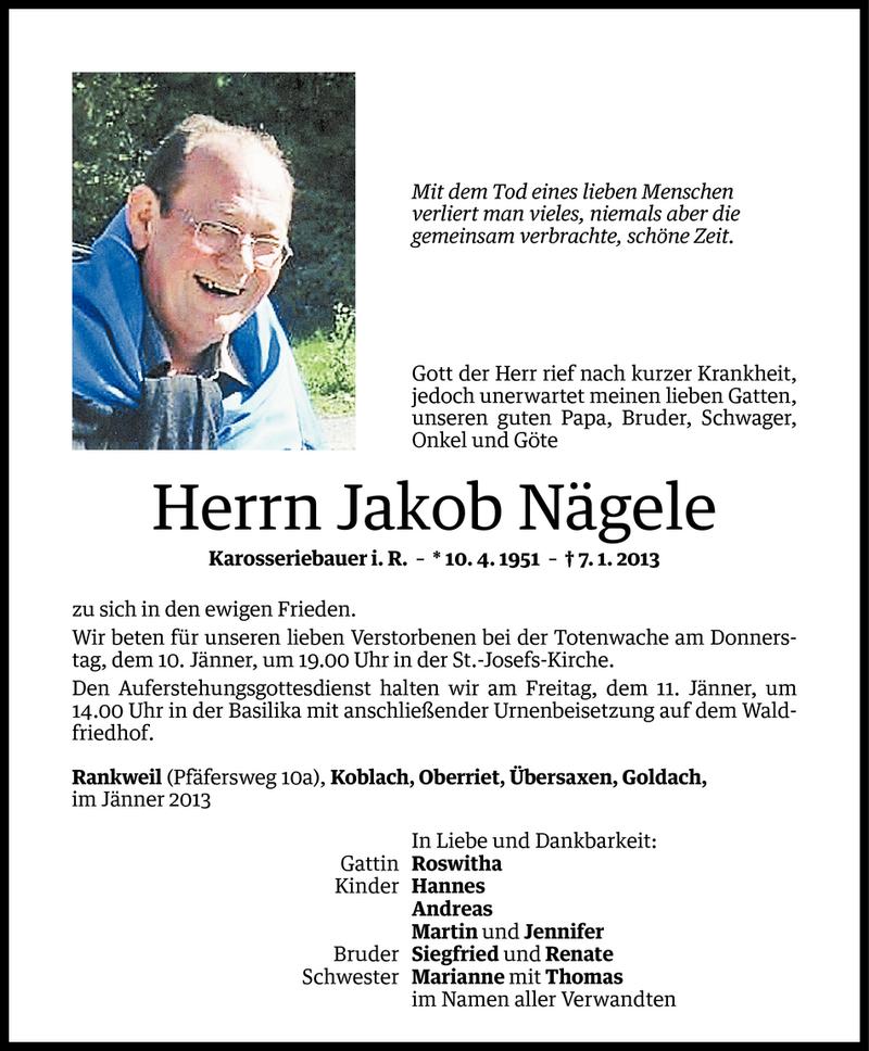  Todesanzeige für Jakob Nägele vom 08.01.2013 aus Vorarlberger Nachrichten