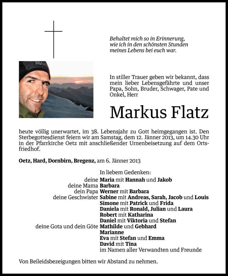  Todesanzeige für Markus Flatz vom 08.01.2013 aus Vorarlberger Nachrichten