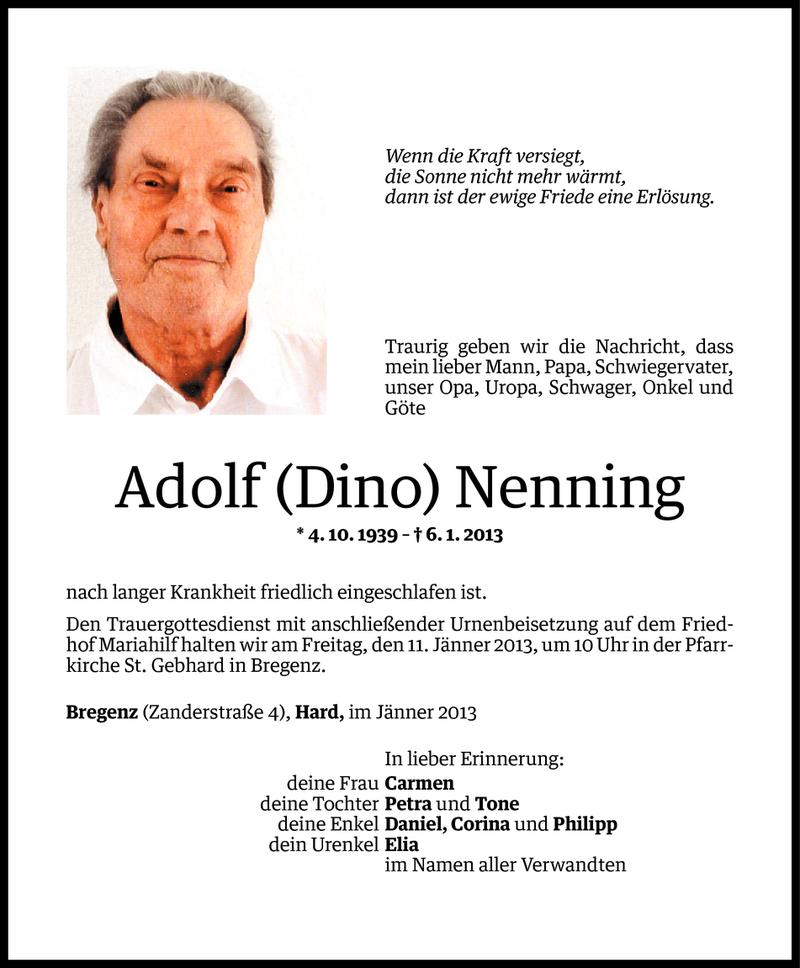  Todesanzeige für Adolf Nenning vom 08.01.2013 aus Vorarlberger Nachrichten