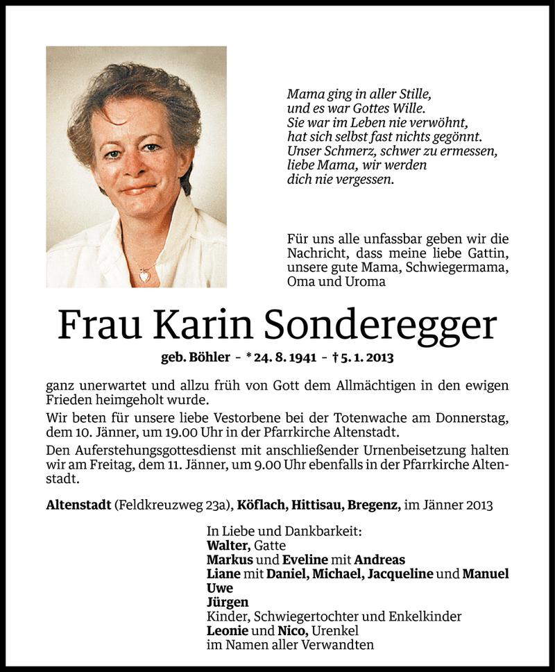  Todesanzeige für Karin Sonderegger vom 08.01.2013 aus Vorarlberger Nachrichten