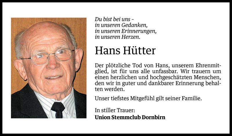  Todesanzeige für Johann (Hans) Hütter vom 08.01.2013 aus Vorarlberger Nachrichten