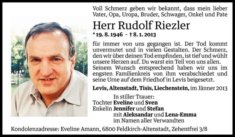  Todesanzeige für Rudolf Riezler vom 12.01.2013 aus Vorarlberger Nachrichten