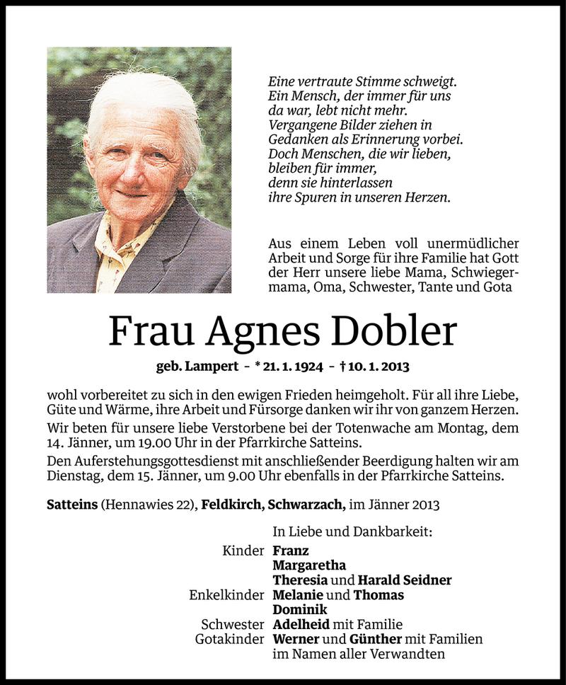  Todesanzeige für Agnes Dobler vom 11.01.2013 aus Vorarlberger Nachrichten