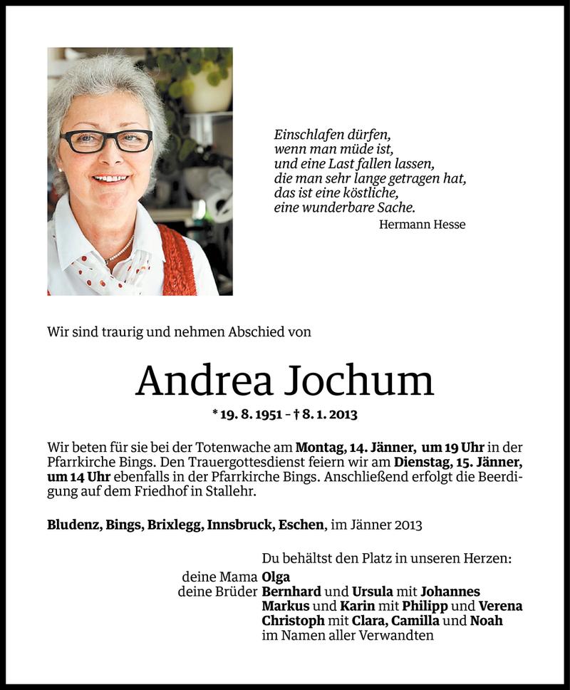  Todesanzeige für Andrea Jochum vom 11.01.2013 aus Vorarlberger Nachrichten