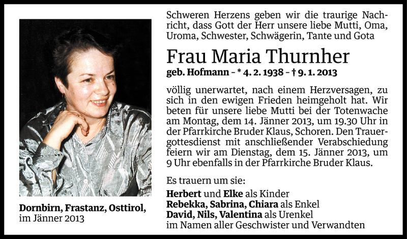  Todesanzeige für Maria Thurnher vom 11.01.2013 aus Vorarlberger Nachrichten