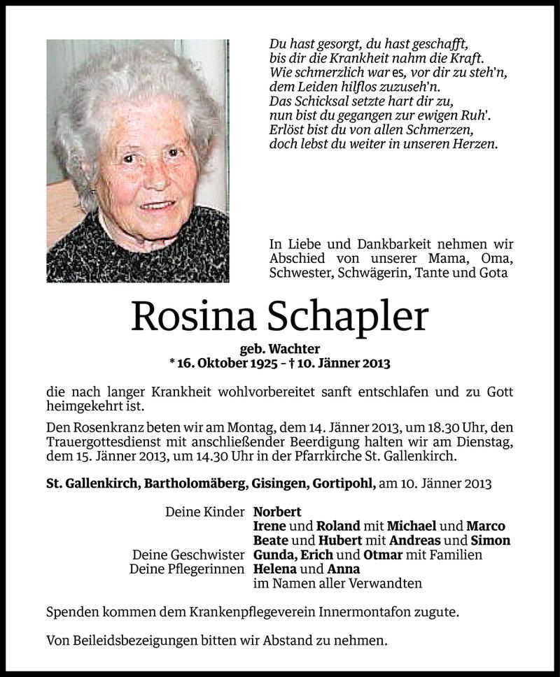  Todesanzeige für Rosina Schapler vom 11.01.2013 aus Vorarlberger Nachrichten