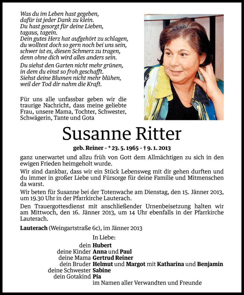  Todesanzeige für Susanne Ritter vom 13.01.2013 aus Vorarlberger Nachrichten