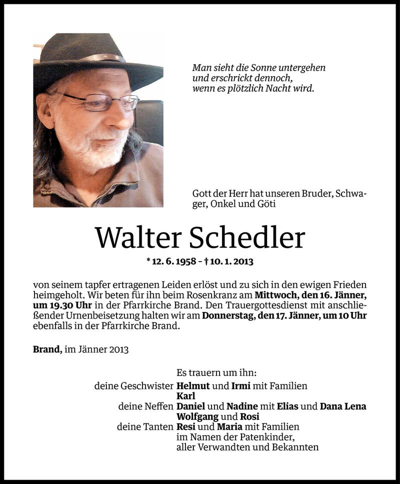  Todesanzeige für Walter Schedler vom 14.01.2013 aus Vorarlberger Nachrichten