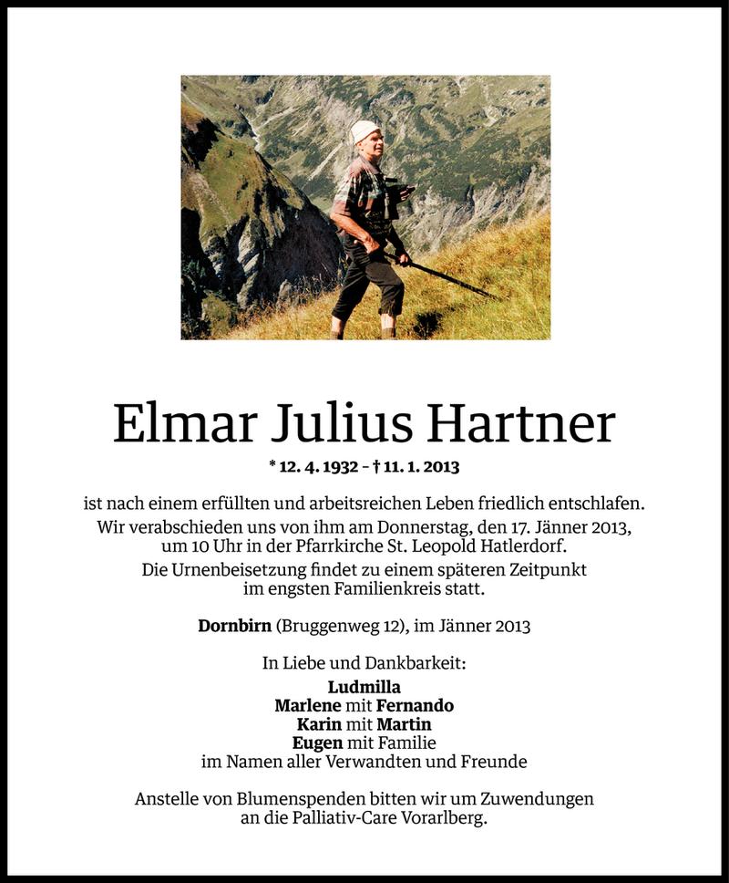  Todesanzeige für Elmar Julius Hartner vom 14.01.2013 aus Vorarlberger Nachrichten