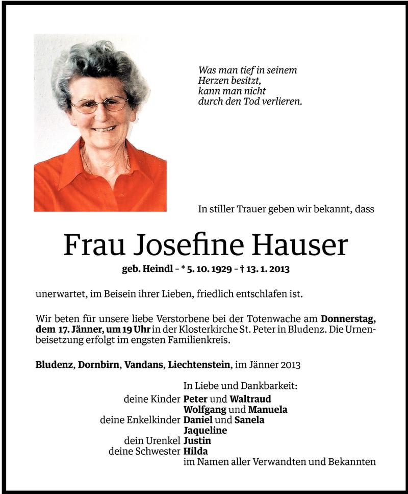  Todesanzeige für Josefine Hauser vom 14.01.2013 aus Vorarlberger Nachrichten