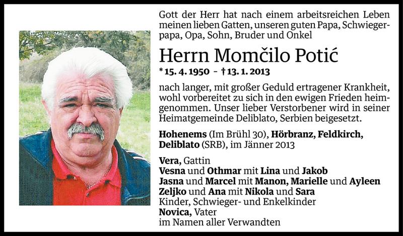  Todesanzeige für Momcilo Potic vom 14.01.2013 aus Vorarlberger Nachrichten
