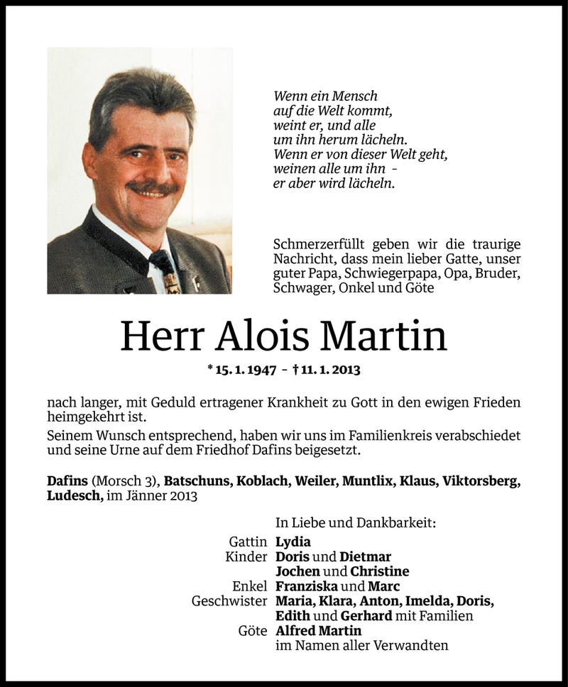  Todesanzeige für Alois Martin vom 16.01.2013 aus Vorarlberger Nachrichten