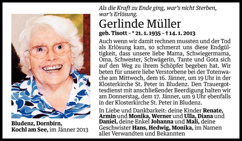  Todesanzeige für Gerlinde Müller vom 15.01.2013 aus Vorarlberger Nachrichten