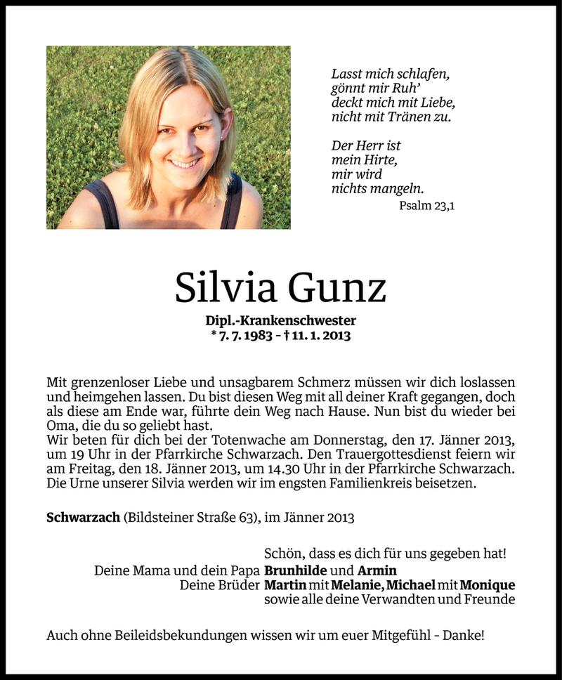  Todesanzeige für Silvia  Gunz vom  aus Vorarlberger Nachrichten