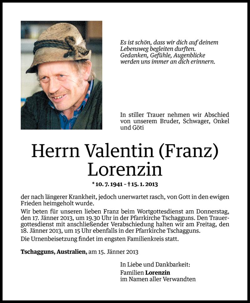  Todesanzeige für Valentin (Franz) Lorenzin vom 16.01.2013 aus Vorarlberger Nachrichten