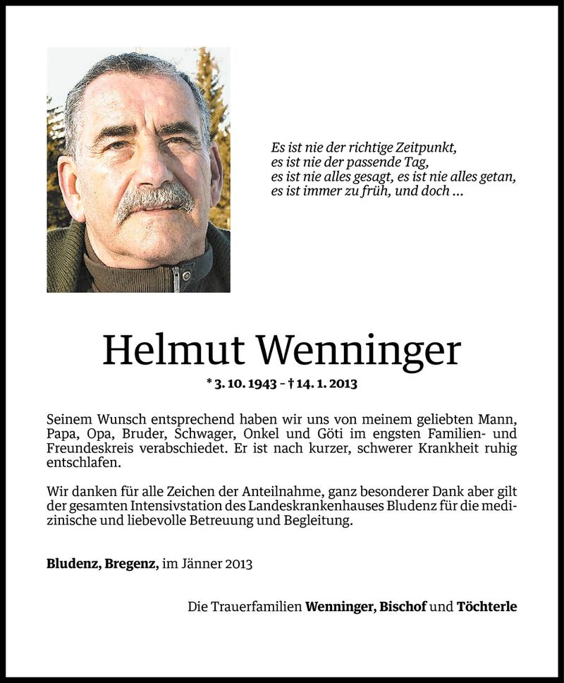  Todesanzeige für Helmut Wenninger vom 23.01.2013 aus Vorarlberger Nachrichten