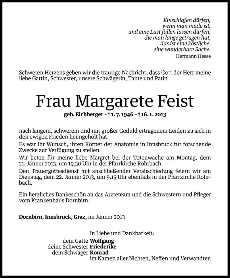  Todesanzeige für Margarete Feist vom 17.01.2013 aus Vorarlberger Nachrichten