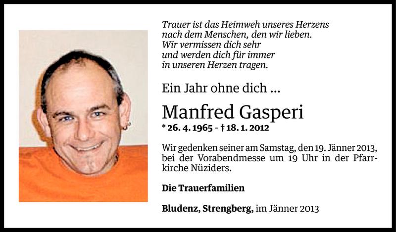  Todesanzeige für Manfred Gasperi vom 17.01.2013 aus Vorarlberger Nachrichten