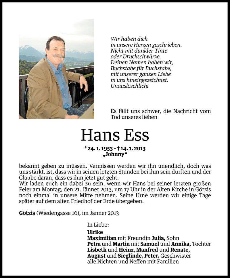  Todesanzeige für Hans Ess vom 17.01.2013 aus Vorarlberger Nachrichten