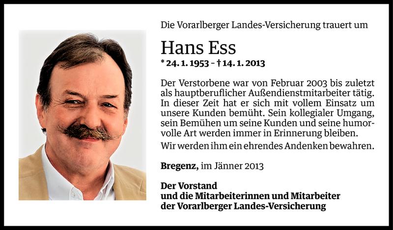  Todesanzeige für Hans Ess vom 17.01.2013 aus Vorarlberger Nachrichten