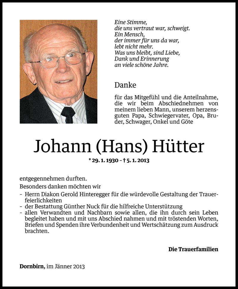  Todesanzeige für Johann (Hans) Hütter vom 18.01.2013 aus Vorarlberger Nachrichten