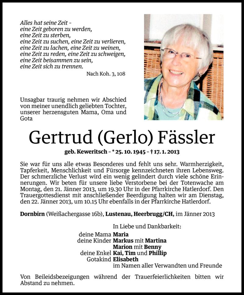  Todesanzeige für Gertrud (Gerlo) Fässler vom 18.01.2013 aus Vorarlberger Nachrichten