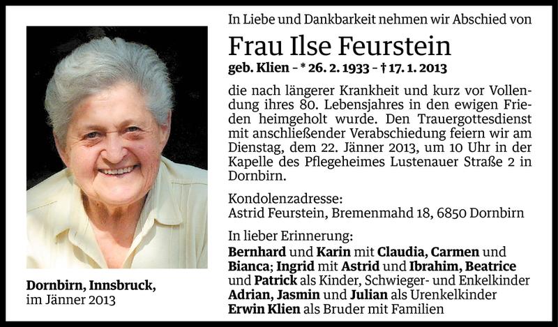  Todesanzeige für Ilse Feurstein vom 18.01.2013 aus Vorarlberger Nachrichten