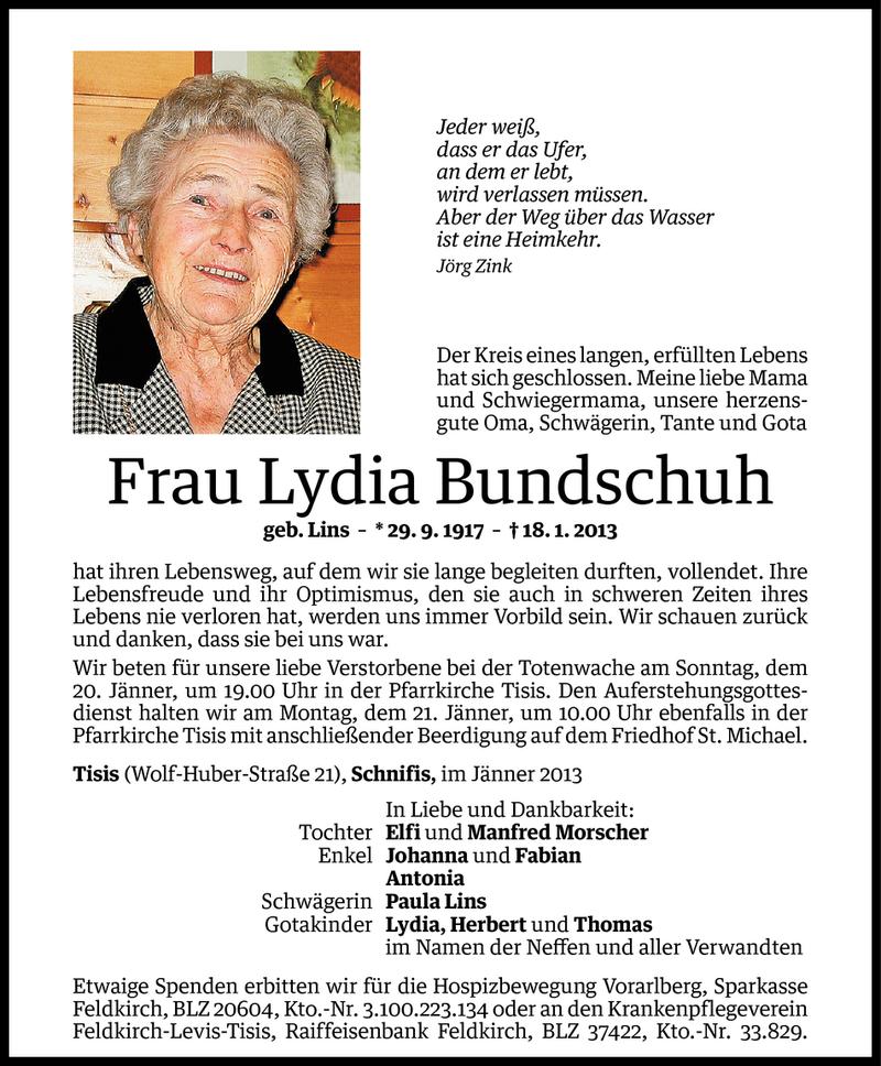  Todesanzeige für Lydia Bundschuh vom 18.01.2013 aus Vorarlberger Nachrichten