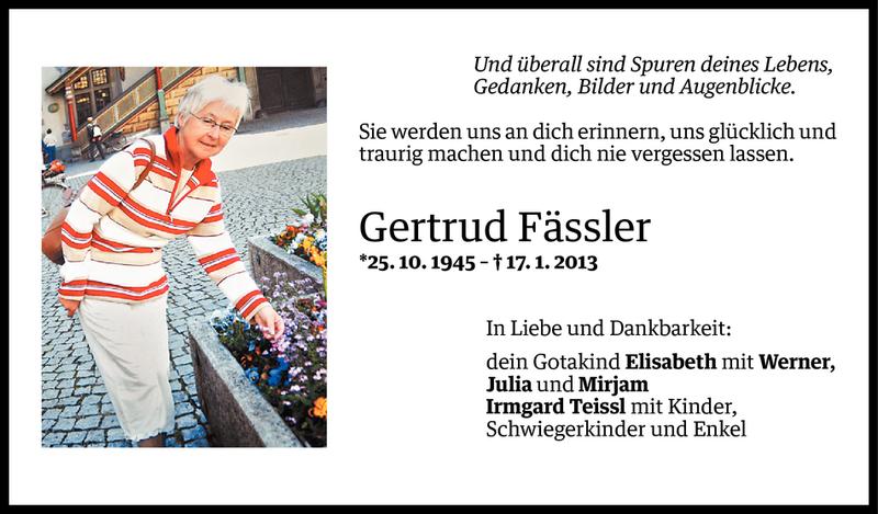  Todesanzeige für Gertrud Fässler vom 18.01.2013 aus Vorarlberger Nachrichten