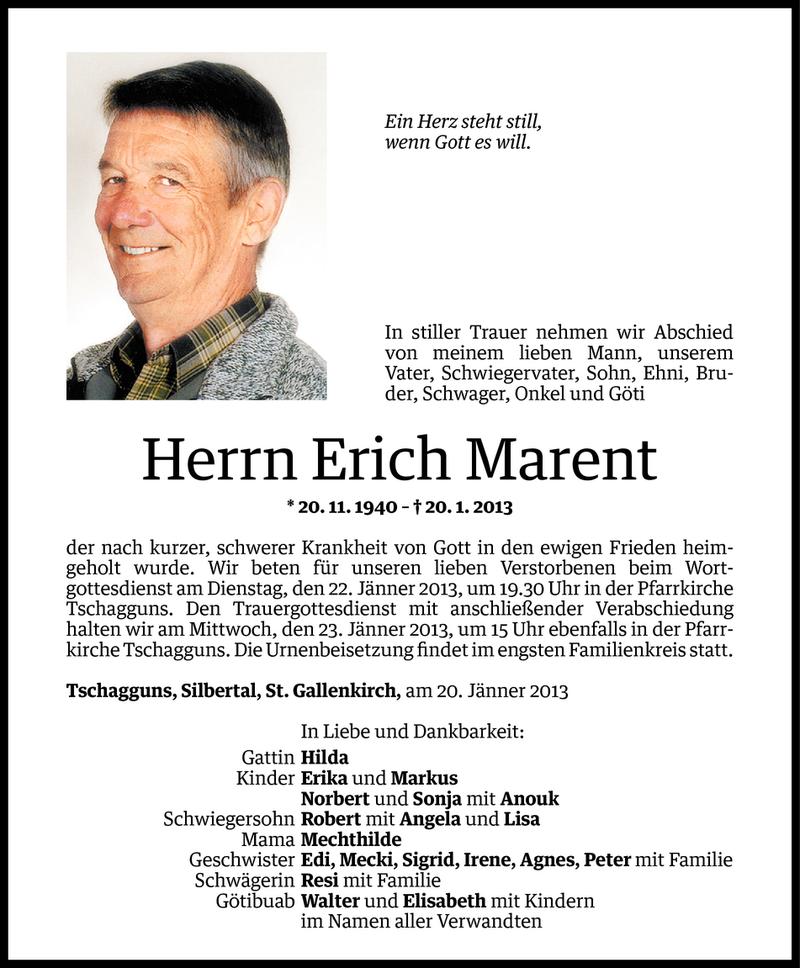  Todesanzeige für Erich Marent vom 21.01.2013 aus Vorarlberger Nachrichten