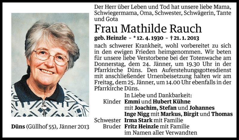  Todesanzeige für Mathilde Rauch vom 21.01.2013 aus Vorarlberger Nachrichten