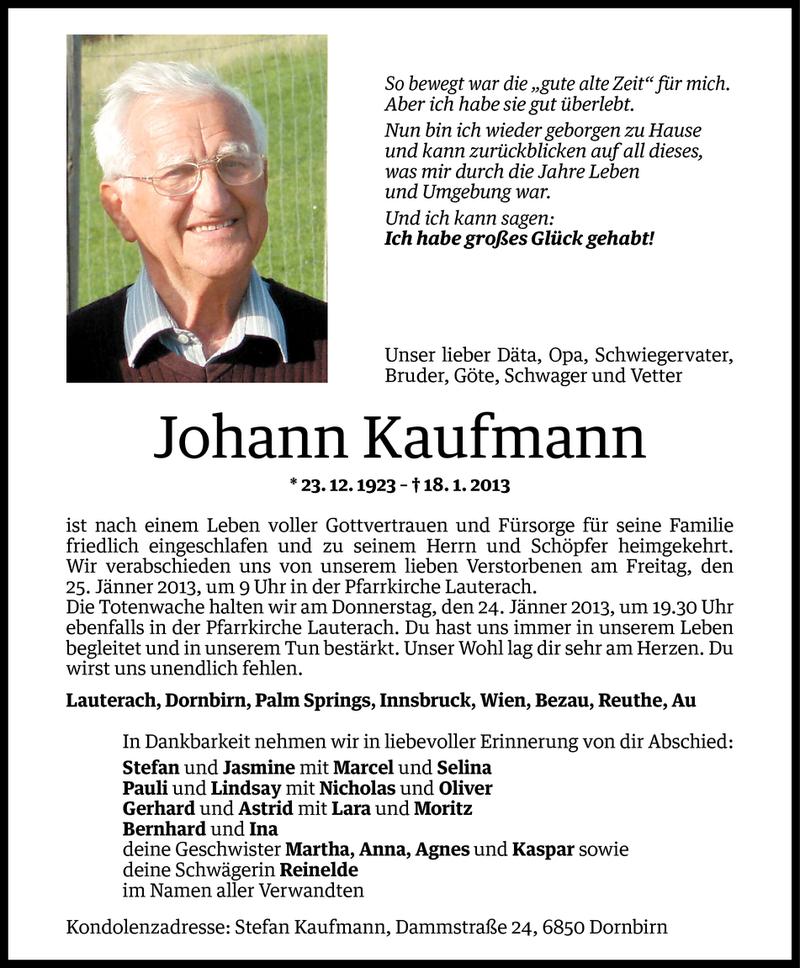  Todesanzeige für Johann Kaufmann vom 21.01.2013 aus Vorarlberger Nachrichten