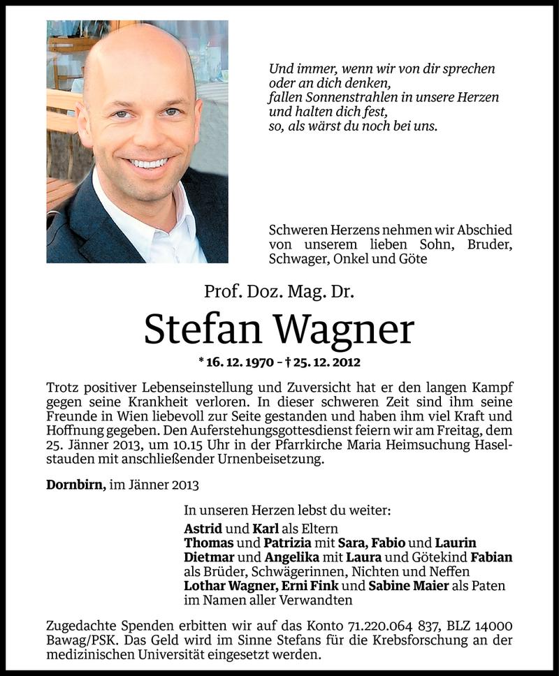  Todesanzeige für Prof. Doz. Mag. Dr. Stefan Wagner vom 22.01.2013 aus Vorarlberger Nachrichten