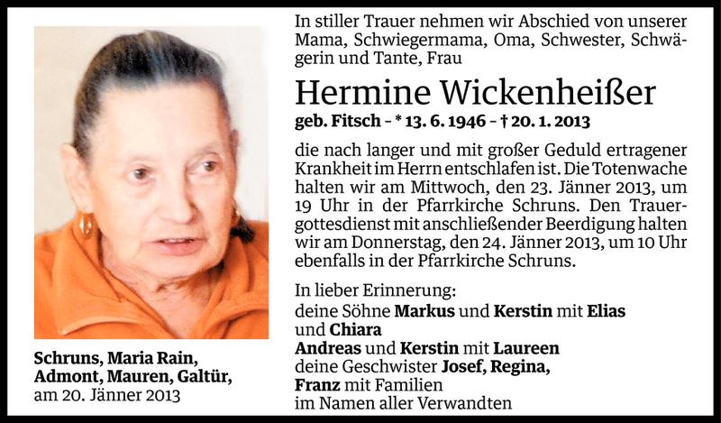  Todesanzeige für Hermine Wickenheißer vom 22.01.2013 aus Vorarlberger Nachrichten