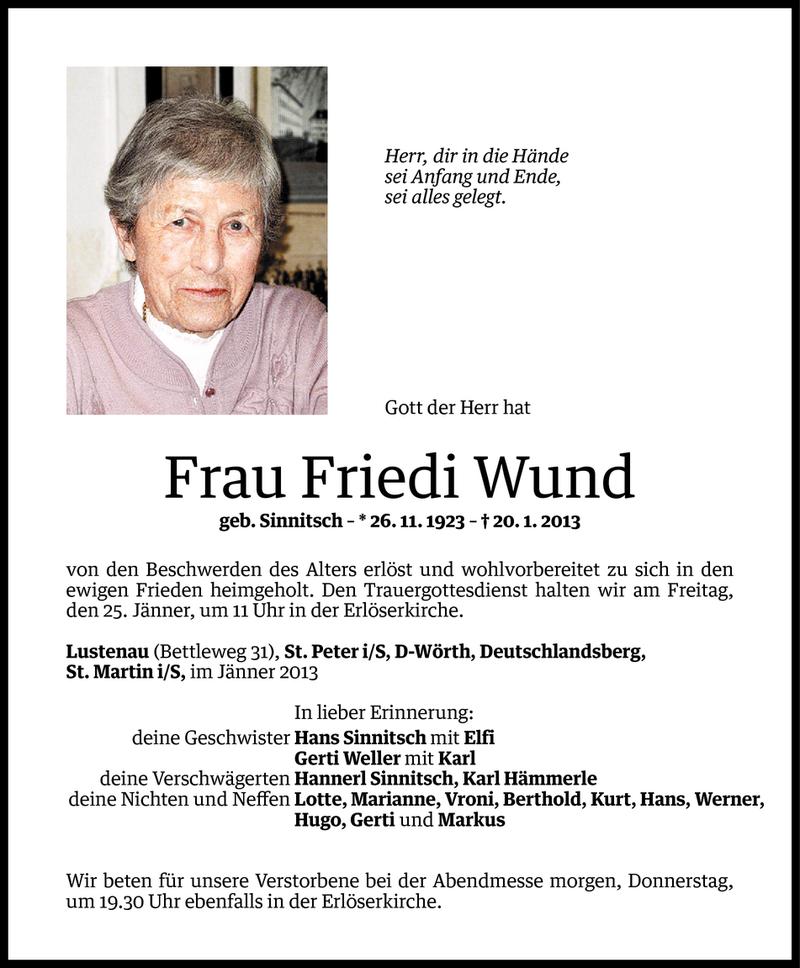  Todesanzeige für Friedi Wund vom 22.01.2013 aus Vorarlberger Nachrichten