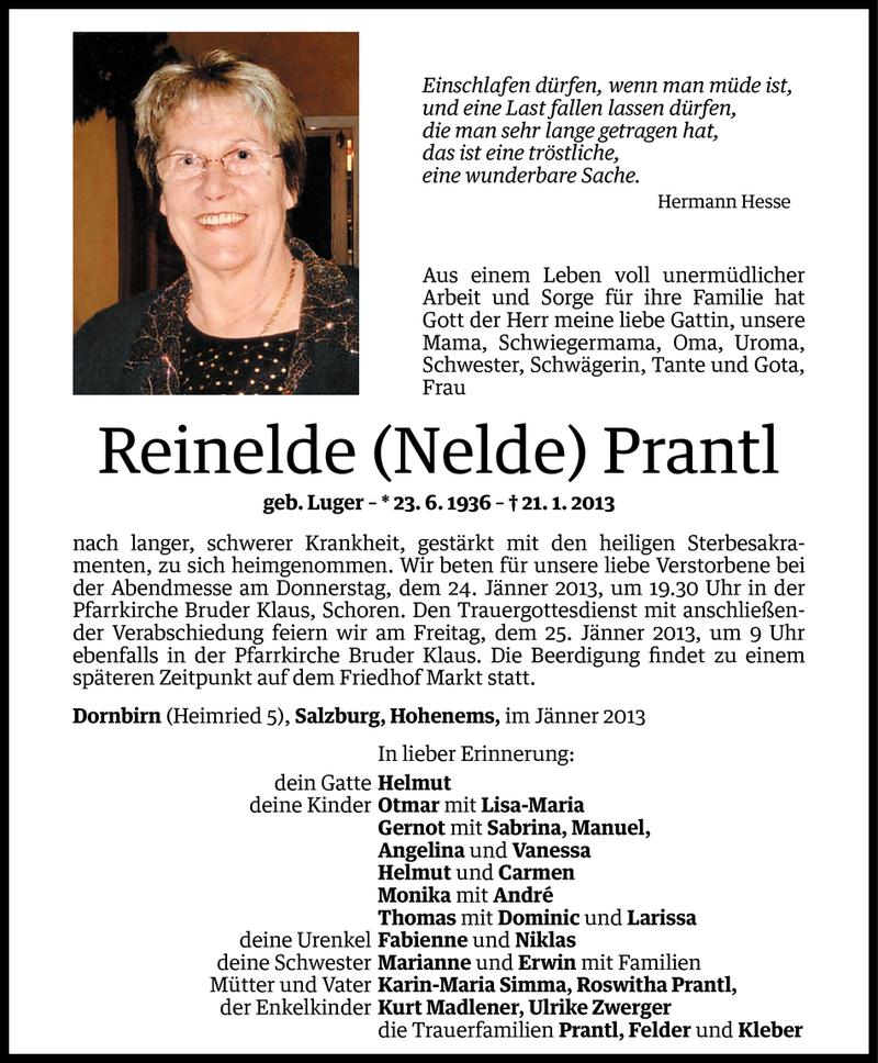  Todesanzeige für Reinelde (Nelde) Prantl vom 22.01.2013 aus Vorarlberger Nachrichten