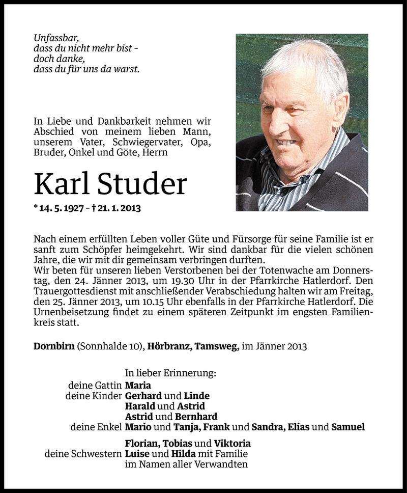  Todesanzeige für Karl Studer vom 22.01.2013 aus Vorarlberger Nachrichten