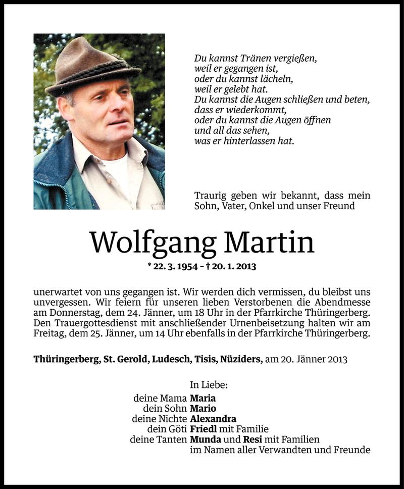  Todesanzeige für Wolfgang Martin vom 23.01.2013 aus Vorarlberger Nachrichten