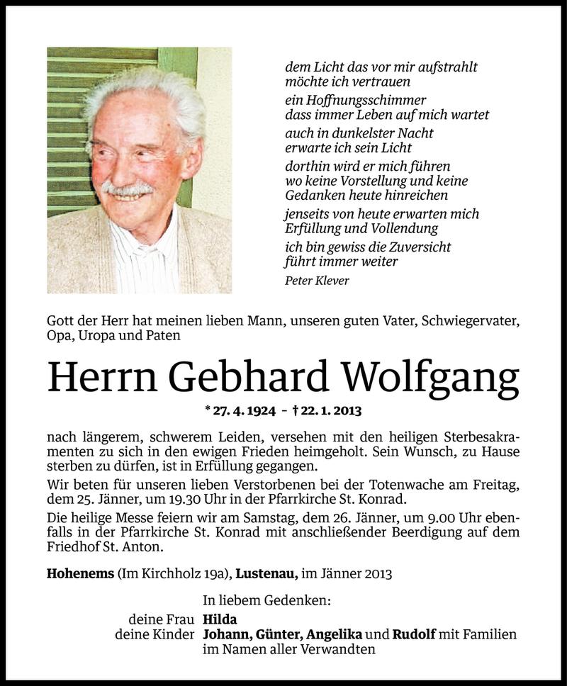  Todesanzeige für Gebhard Wolfgang vom 23.01.2013 aus Vorarlberger Nachrichten